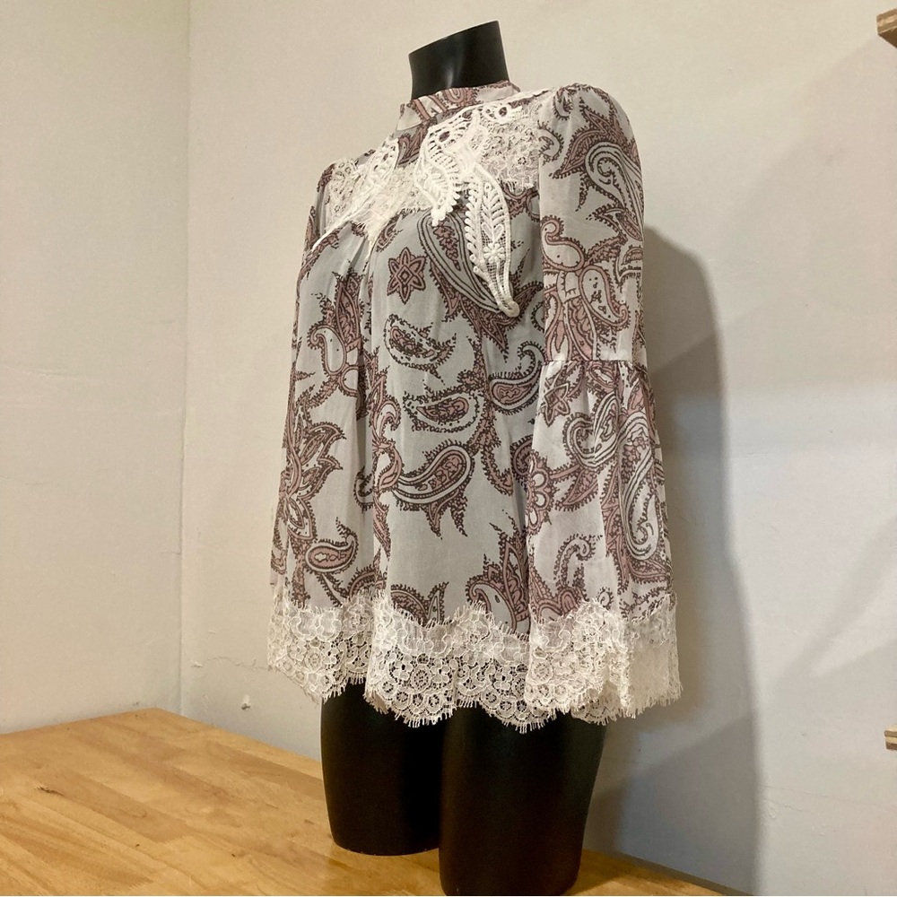 Loft Bohemian Sheer Bell Sleeve Lacy Blouse Paisley Pink Purple Off-White Small - Picture 5 of 16